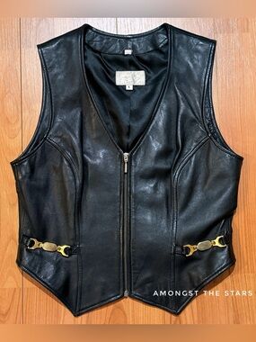 Vintage 90s Cache Black Leather Zipper Biker Vest with Gold Hardware